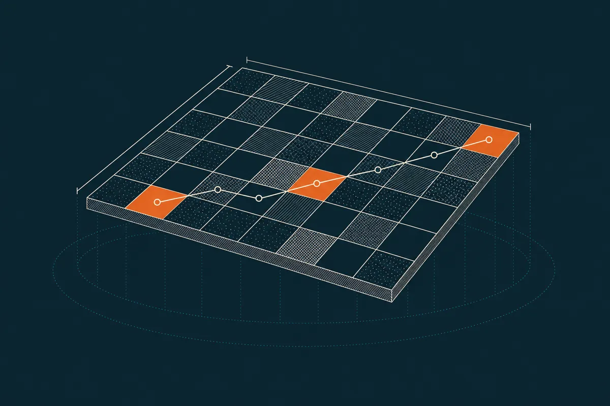 A printed matrix seen from above, with hatched cells and three amber squares marking priorities, a steel ruler and pencil below.