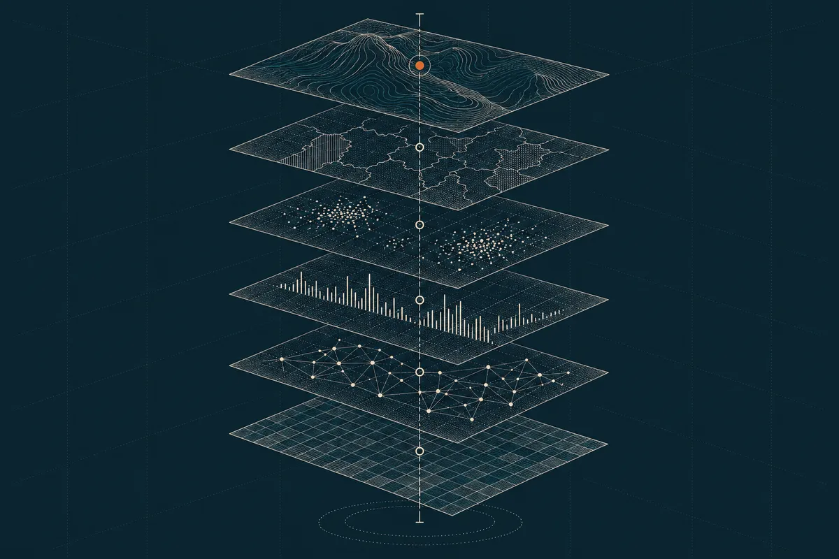 Five etched glass layers – geography, districts, institutions, caseloads and a grid – aligned so one amber point shines through them all.