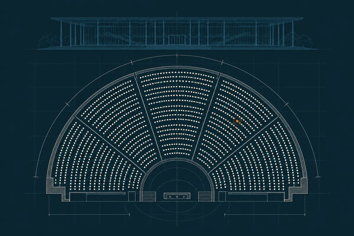 Etched plate: the elevation and seating plan of a parliamentary chamber, its rows of seats drawn as points, one marked in amber.