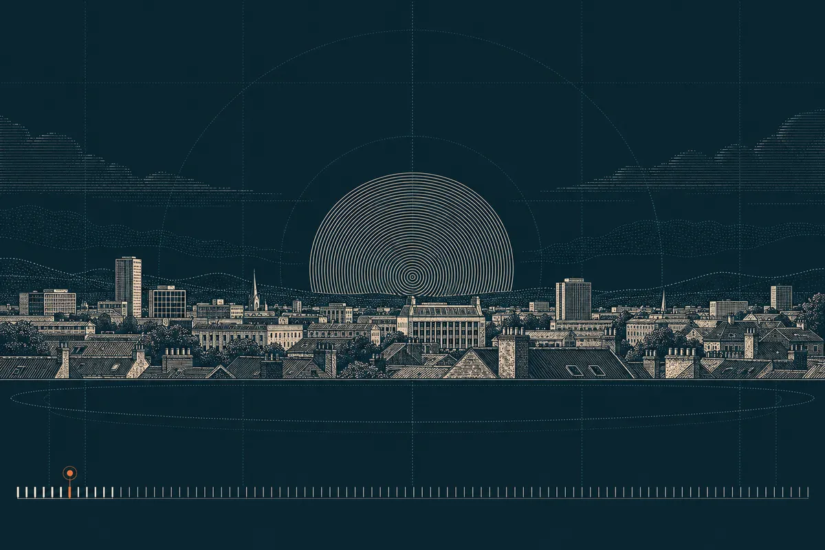 Etched plate: a city skyline at dawn with concentric rings rising behind it, above a timeline with one amber tick near the start.