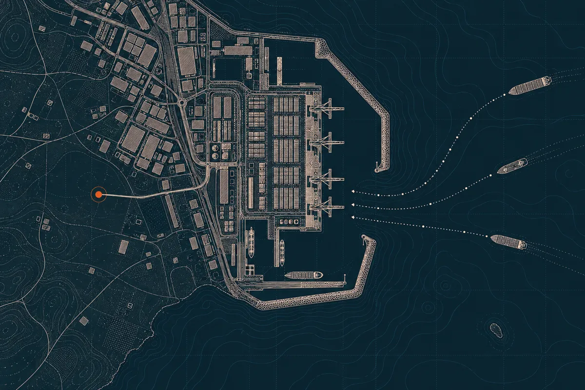 Etched plate: a port and its hinterland in plan – quays, cranes, warehouses and ships on approach – with an amber point inland.