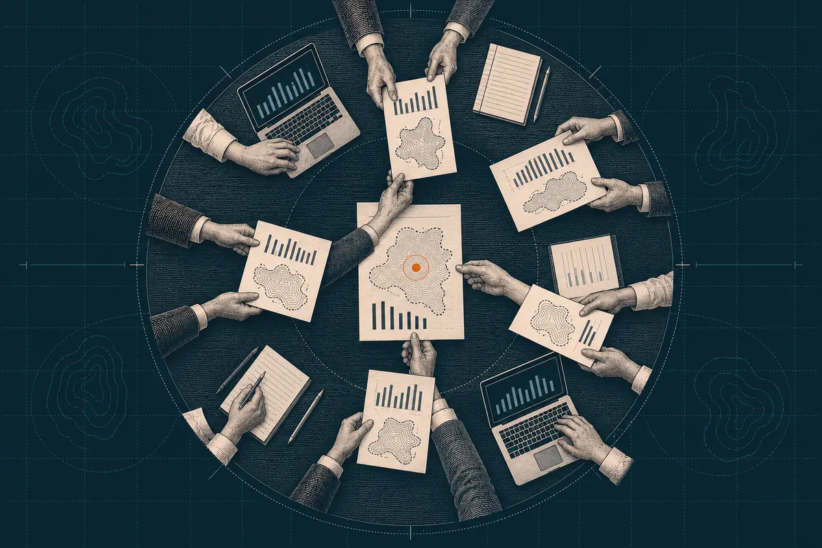 Illustration of a national team working with justice data and maps.