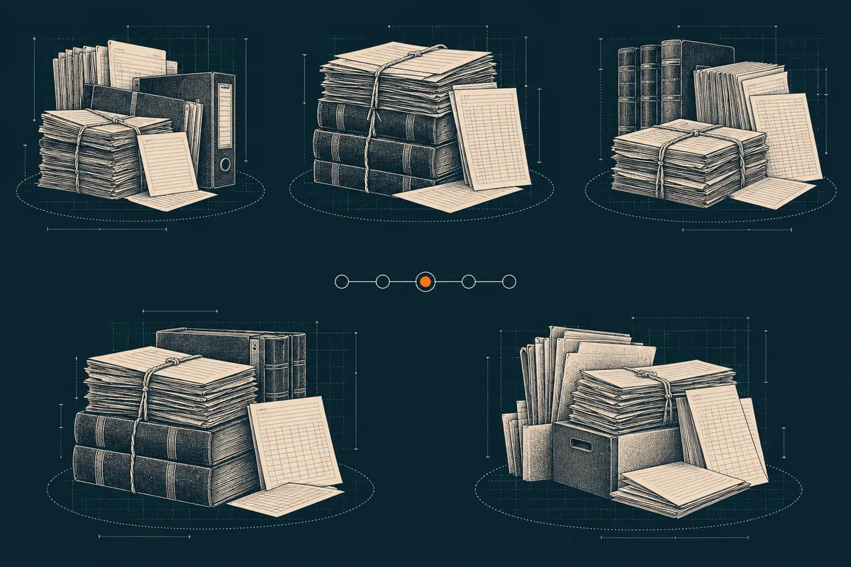 Separate bundles of case files, ledgers and notebooks, each tied up on its own, spaced apart on a dark table.