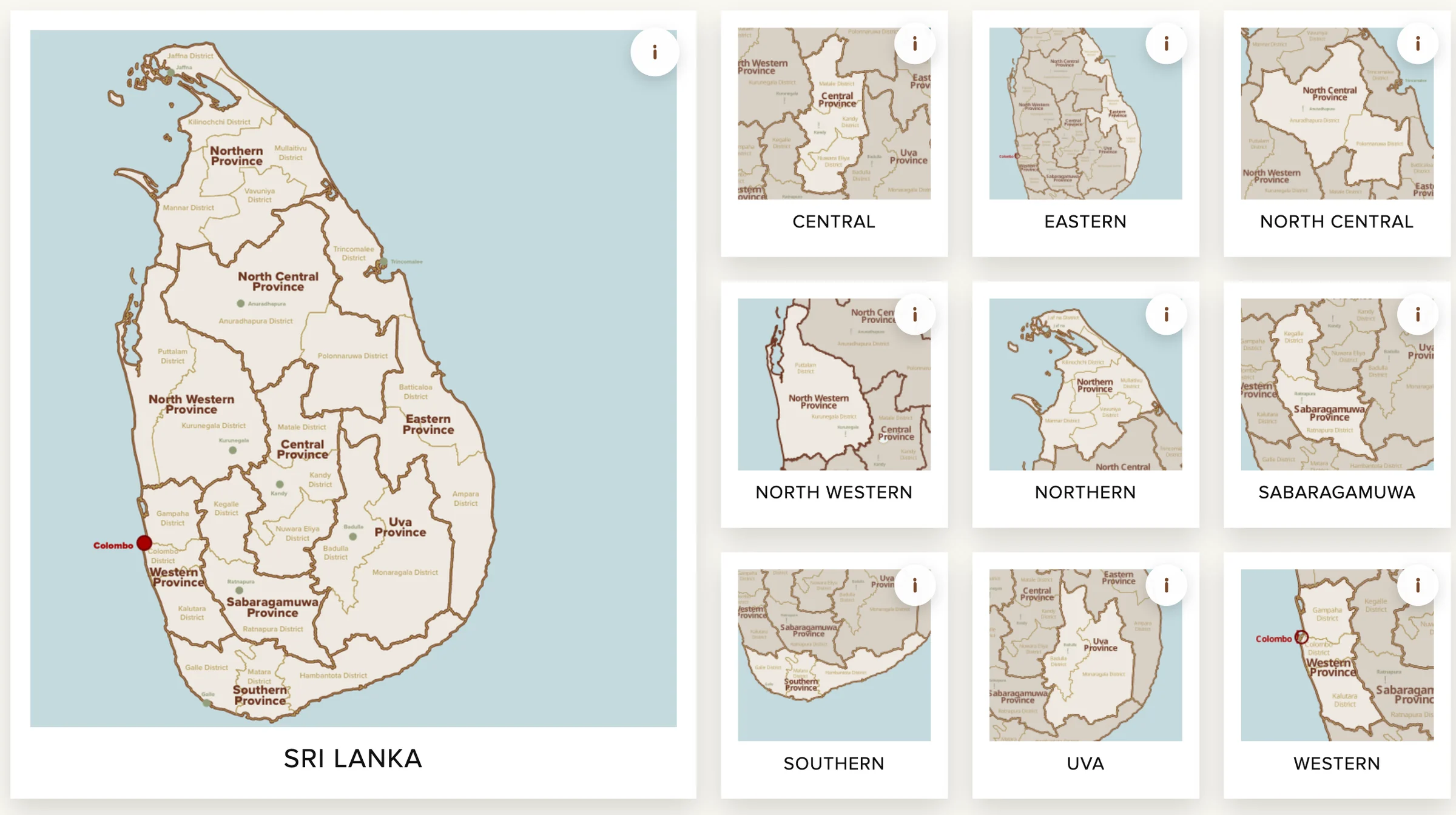 Justice Snapshot Sri Lanka dashboard: a map of Sri Lanka’s provinces and districts beside nine province maps – Central, Eastern, North Central, North Western, Northern, Sabaragamuwa, Southern, Uva and Western.